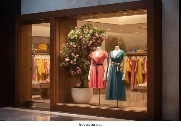 Fashion Boutique Window Display with Dresses