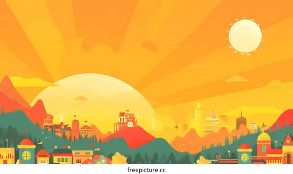 Sunrise Over Cityscape With Hills And Buildings