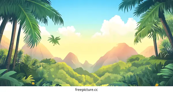 Tropical Jungle Landscape With Palm Trees And Mountains