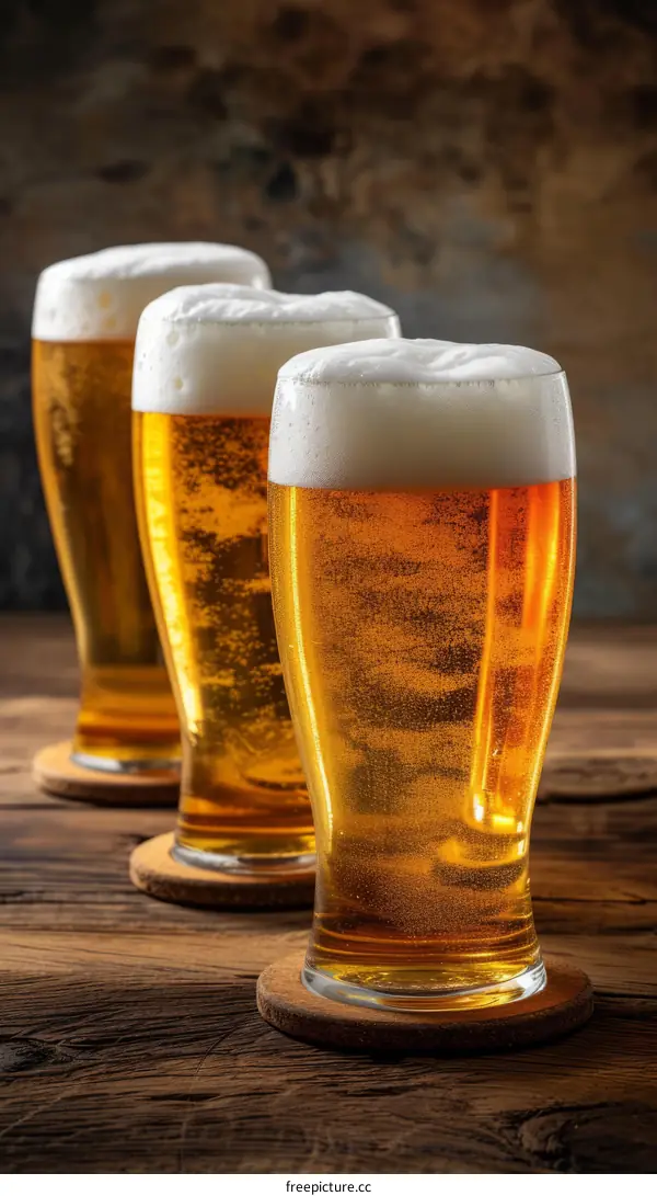 Three glasses of beer on a wooden table
