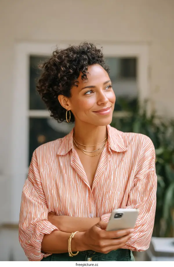 A Woman Looking Up at Her Smartphone