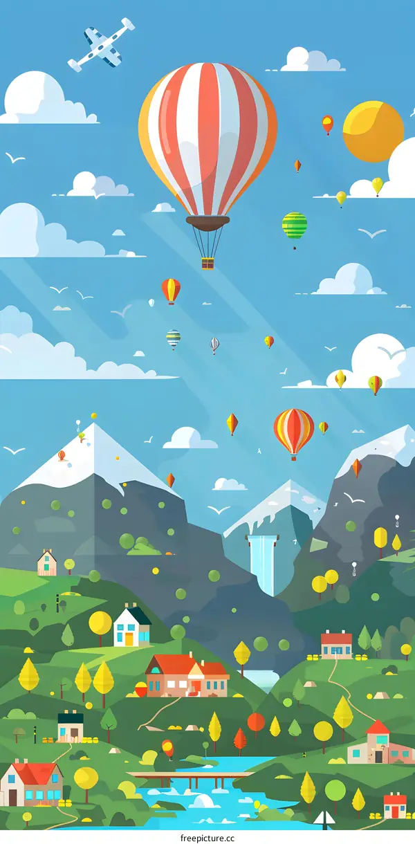 Cartoon Landscape with Hot Air Balloons and a Small Airplane Flying Over Mountains and a River