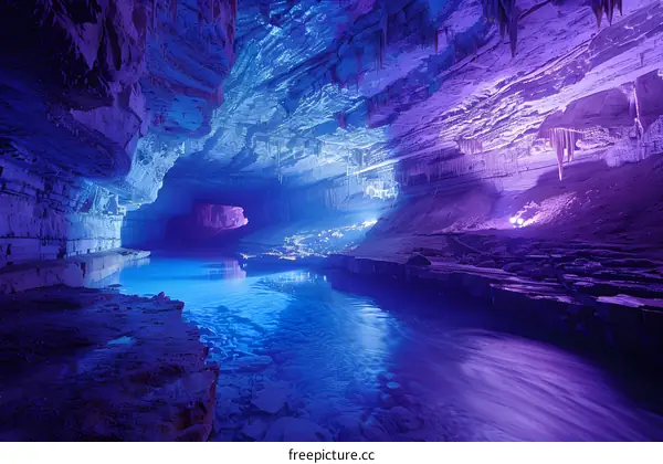 Underground river flowing through a colorful cave