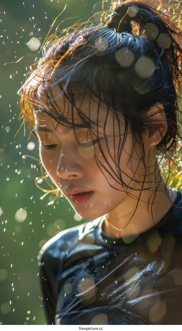Closeup Portrait of a Woman with Wet Hair in Nature