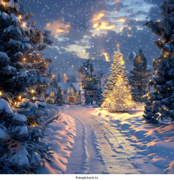 Snowy Village with Decorated Christmas Tree in Center of Town