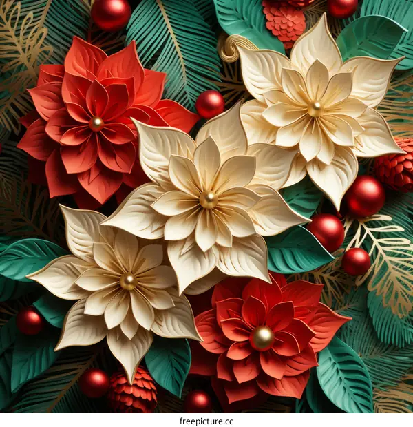 Red and White Christmas Flowers with Green Foliage and Festive Ornaments