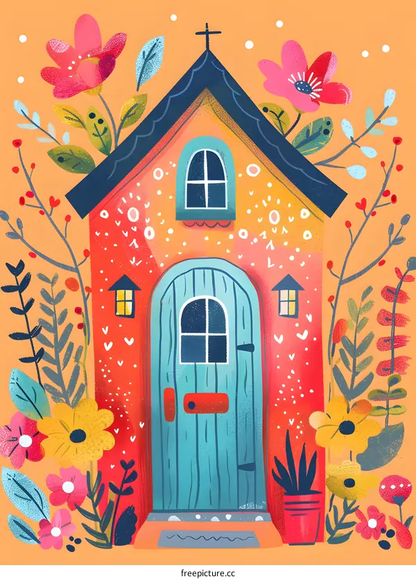 Colorful Cottage Illustration with Flowers