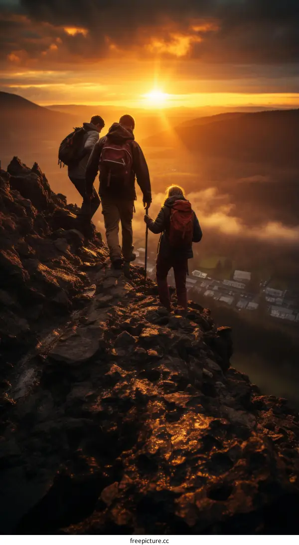 Three hikers on a mountaintop at sunset