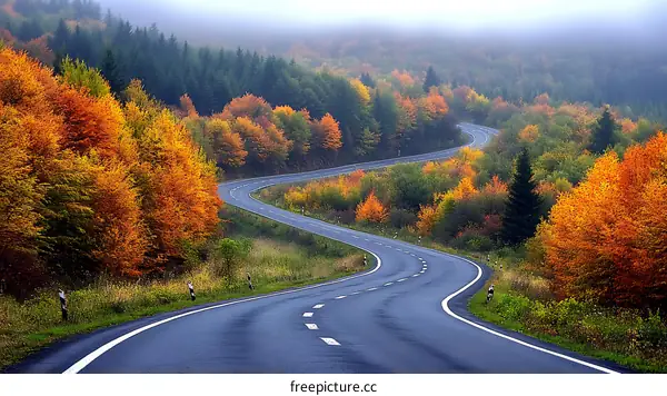 Autumn Road Winding Through Colorful Forest