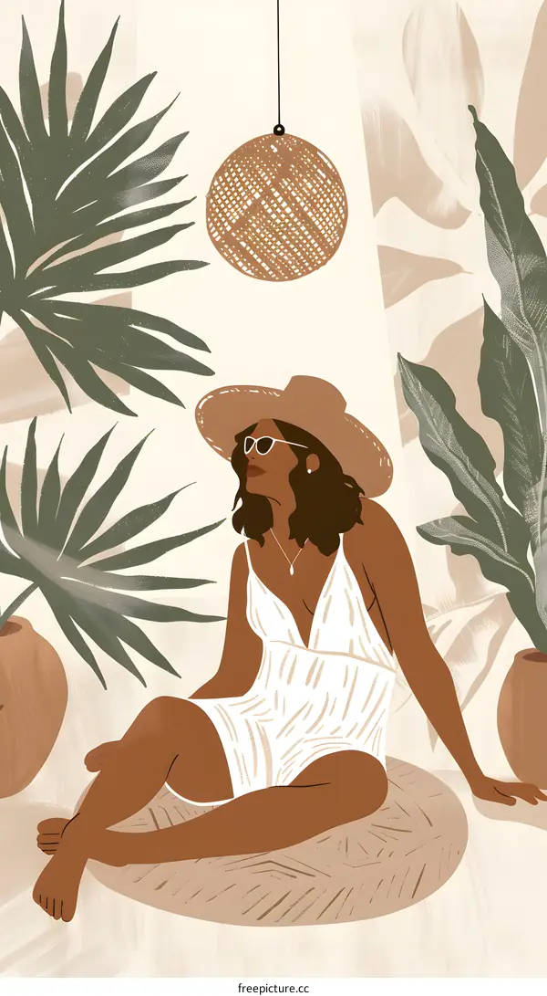 Woman in White Dress Relaxing in Tropical Setting