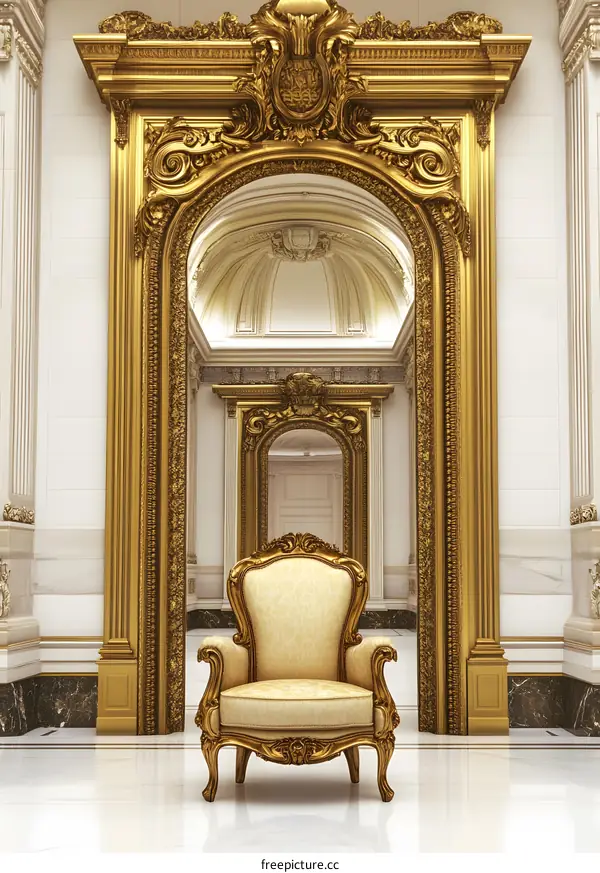 Gold Ornate Frame with a Cream Chair in a Classic Hallway Interior