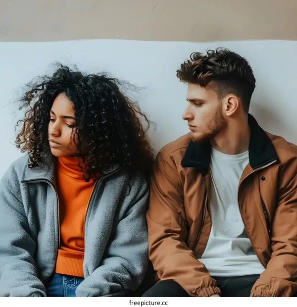 Couple Sitting on a White Wall with a Sad Expression