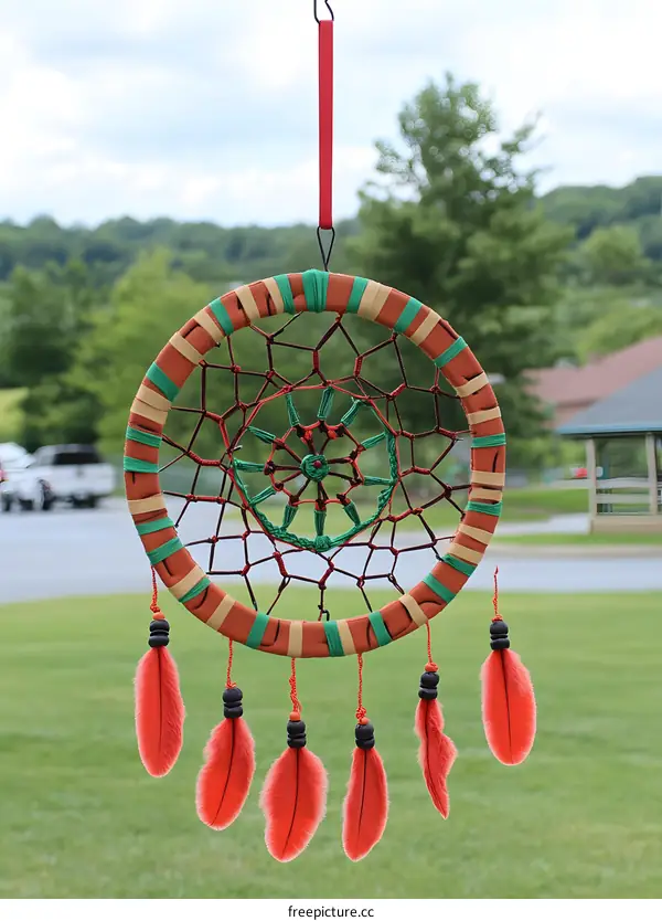 Colorful Dream Catcher With Red Feathers Hanging