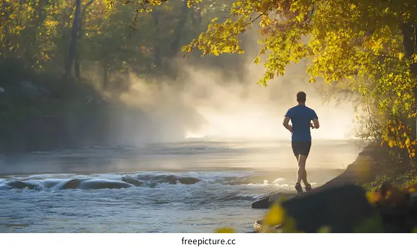 Man Running Along River in Foggy Morning