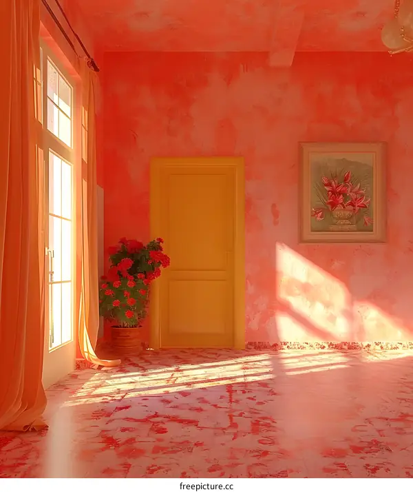 An illustration of a room with a door, a window, and a painting