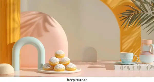 Pastel Colored 3D Render With Donut And Coffee Cup