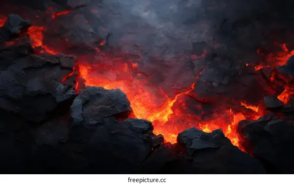 Molten Lava Flowing Through Rocks
