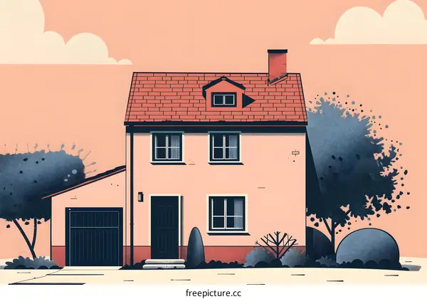 Simple Minimalist Illustration of a Pink House with Red Roof