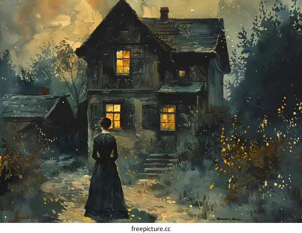 woman in front of haunted house