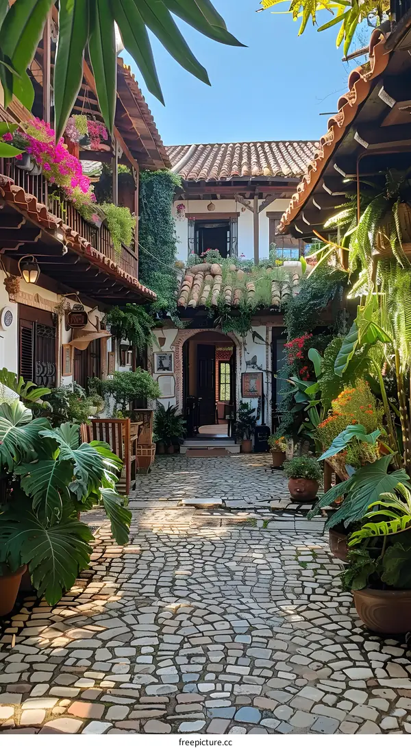 Cobblestone Courtyard with Lush Greenery and Traditional Architecture