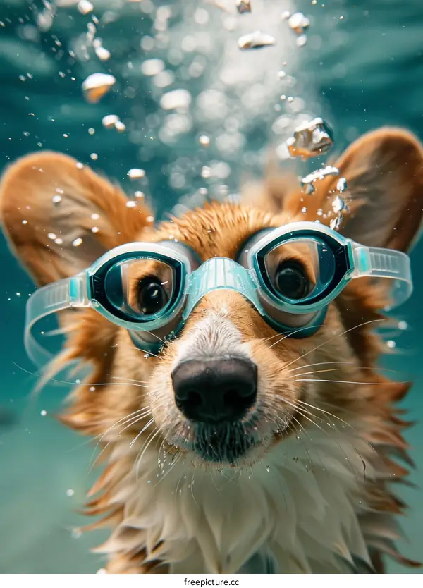 A cute corgi dog wearing swimming goggles swims underwater