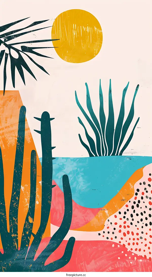 Abstract Summer Desert Illustration with Cactus and Palm Leaves