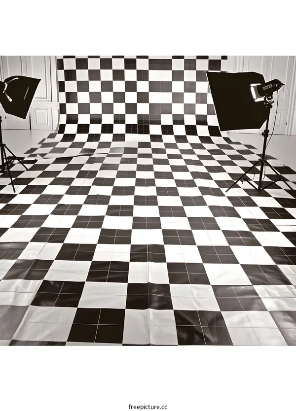 Black and White Checkered Floor with Lights in Studio
