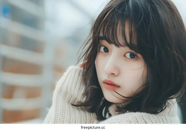 Young Asian Woman in Knitted Sweater Looking at Camera