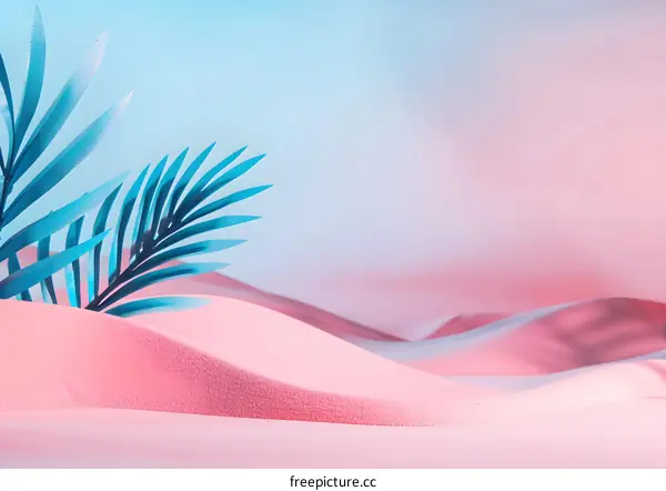 Minimalist Pink and Blue Sand Dunes Background with Palm Leaves
