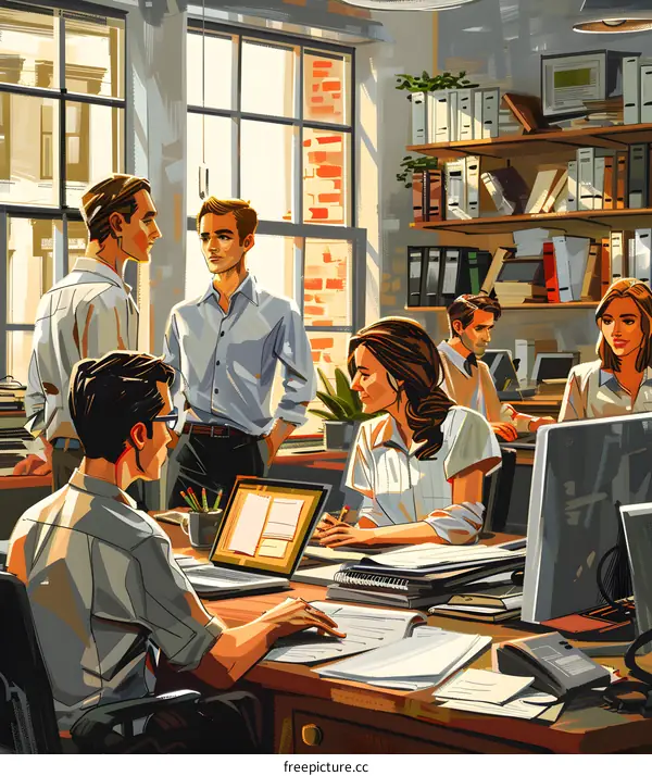 Colleagues discussing work in an office