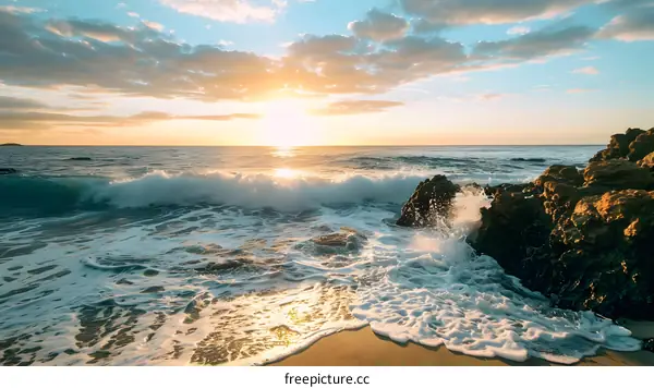 Golden Sunset Over Ocean Waves Crashing On Rocks