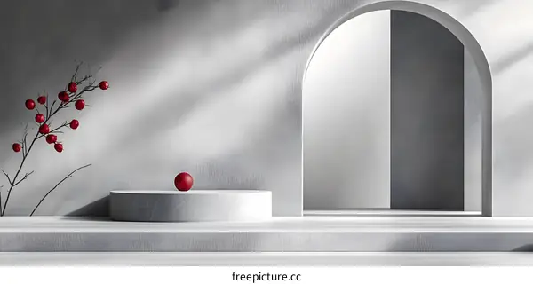 Minimalist Red Ball on a Stone Platform with Branch with Red Berries and Archway