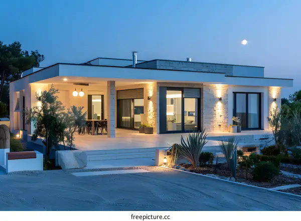 Modern House Exterior With Stone Facade And Landscaping