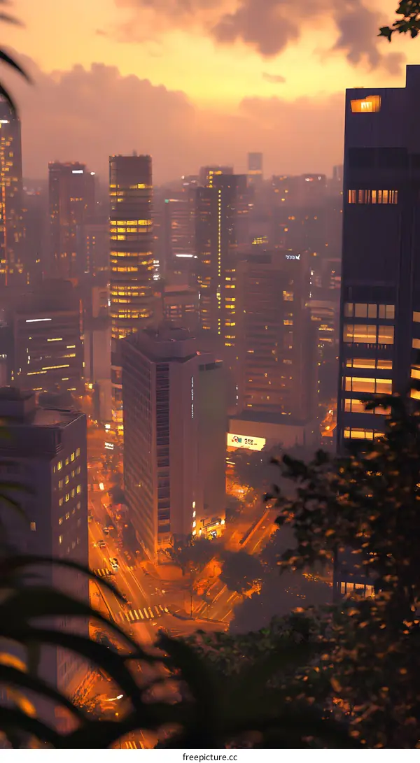 Cityscape at Sunset with Buildings and Traffic