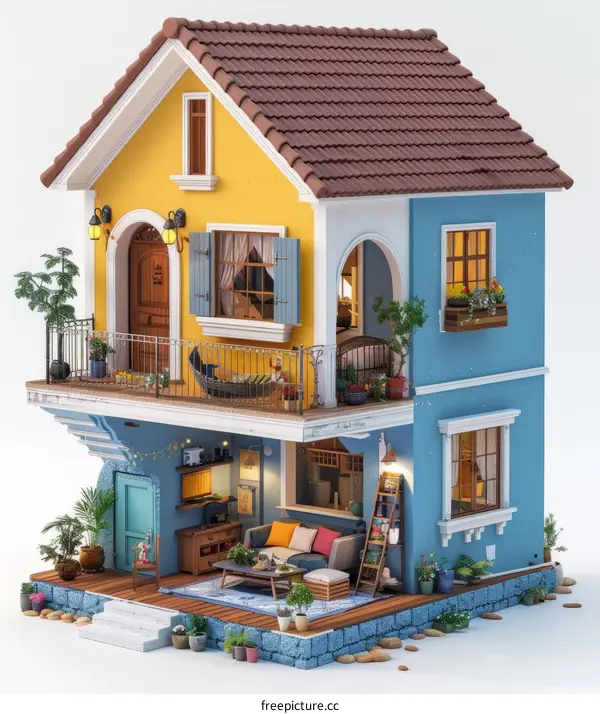 A cozy two-story house with a blue and yellow exterior