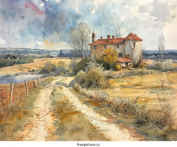 Watercolor painting of a tranquil countryside landscape