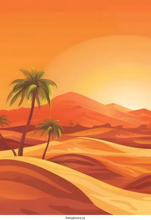 Sunset Over The Desert With Palm Trees