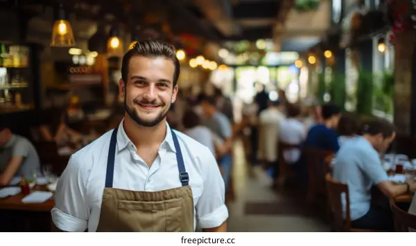 Portrait of a happy young male waiter in a busy restaurant
