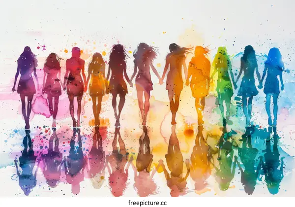 A group of diverse women holding hands and walking together in solidarity