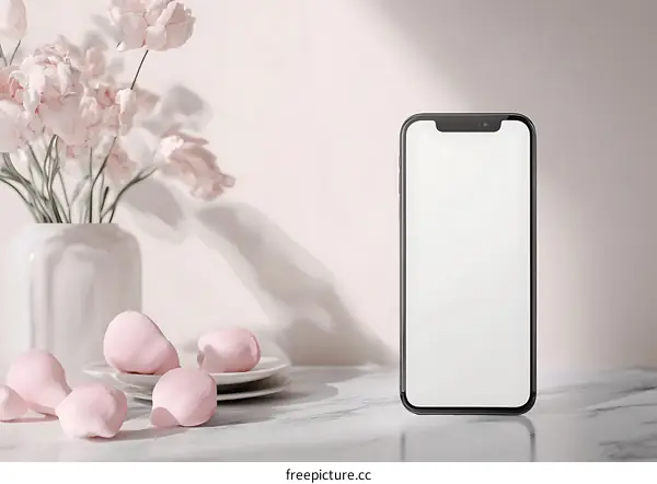 Minimalist White Phone Mockup With Pink Flowers