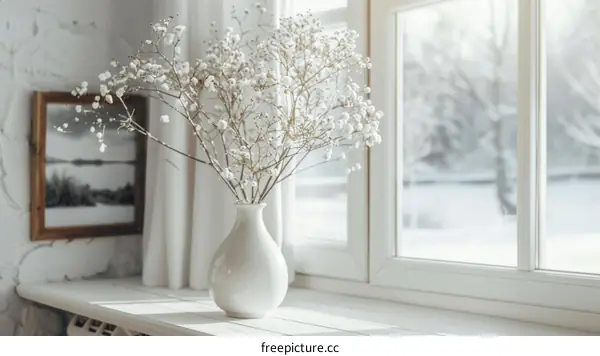 A Still Life of Baby's Breath in a White Vase by a Window
