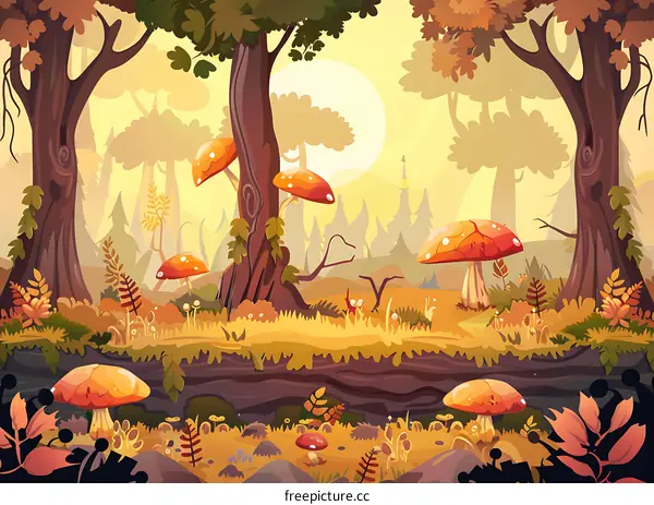 Cartoon Forest Landscape with Trees and Mushrooms
