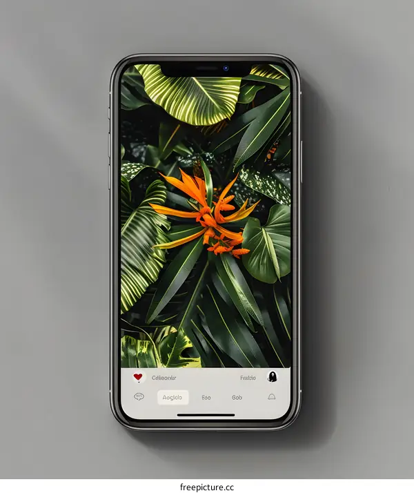 Smartphone with Green Leaves and Orange Flowers Background on Gray Surface