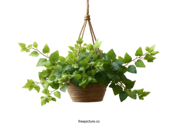 [Transparent Background PNG]Hanging Ivy Plant in a Woven Basket