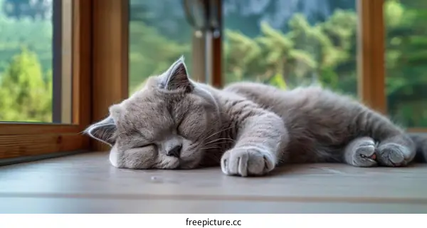 A cute gray cat is sleeping on the floor in front of a window.