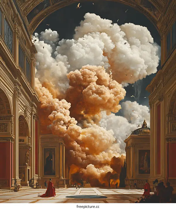 Surrealism Art Painting of a Cathedral with Smoke and Birds