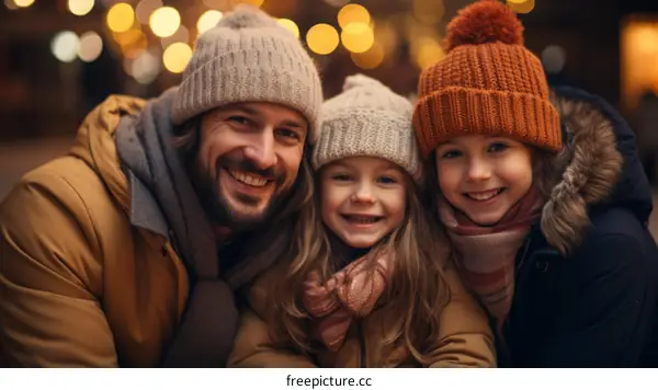 Happy family of three wearing winter hats and scarves