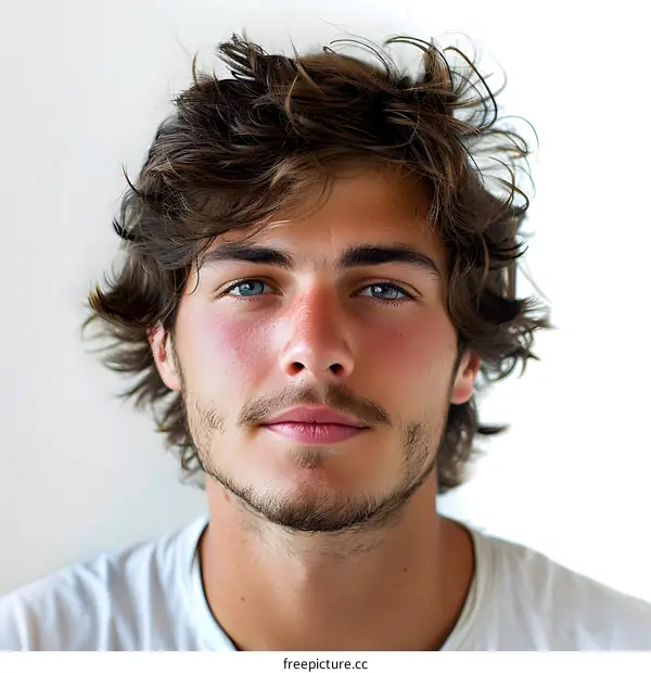 Portrait of a handsome young man with blue eyes and brown hair