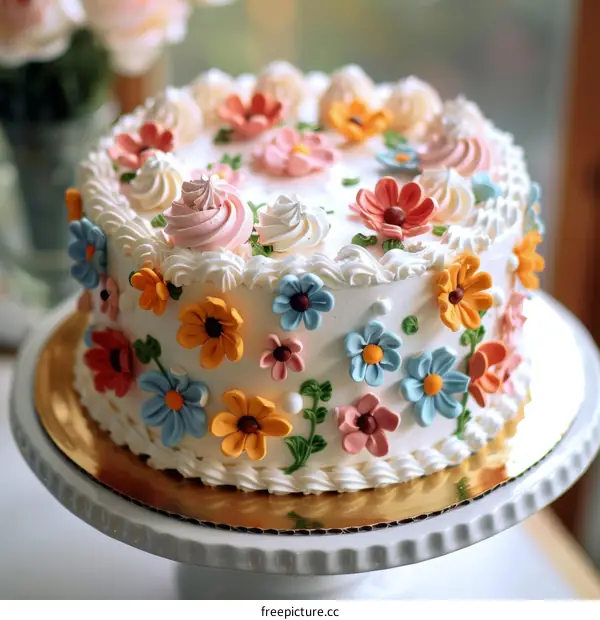 Buttercream Frosted Cake Decorated with Sweet Flowers