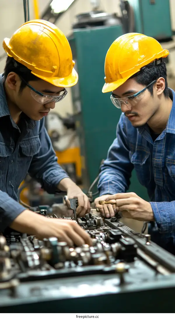 Two Asian technicians working on a machine in a factory